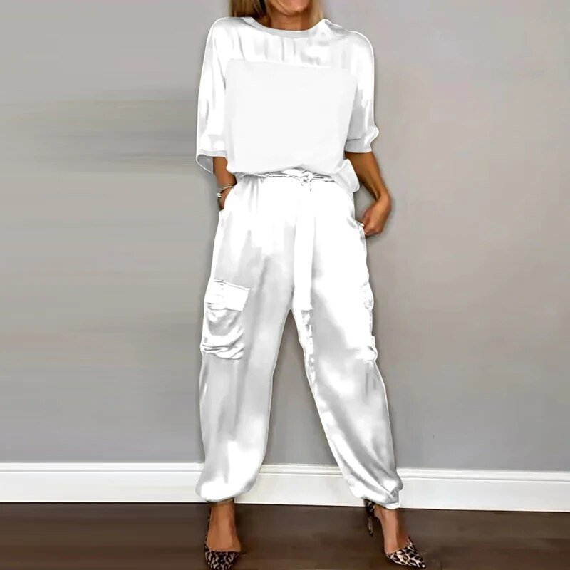 Women's Relaxed-Fit Drawstring Two-Piece Loungewear Set - White