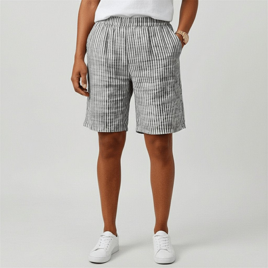 Women's Relaxed-Fit Elastic-Waist Striped Bermuda Shorts - Monochrome Grey