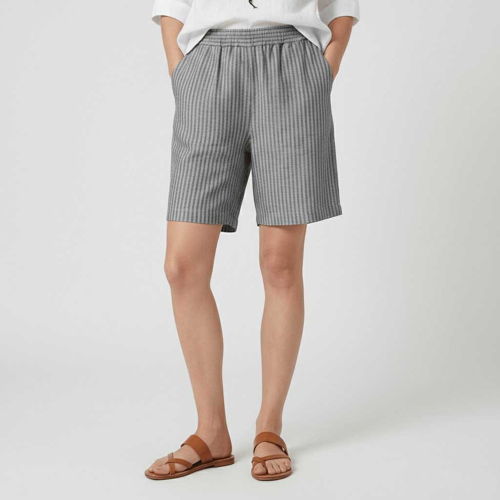 Women's Relaxed-Fit Elastic-Waist Striped Bermuda Shorts - Stone Grey