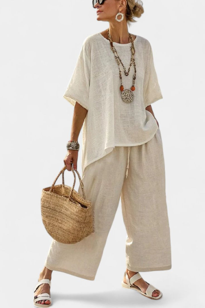 Women's Relaxed-Fit Linen Asymmetric Top Wide-Leg Pants Set - White