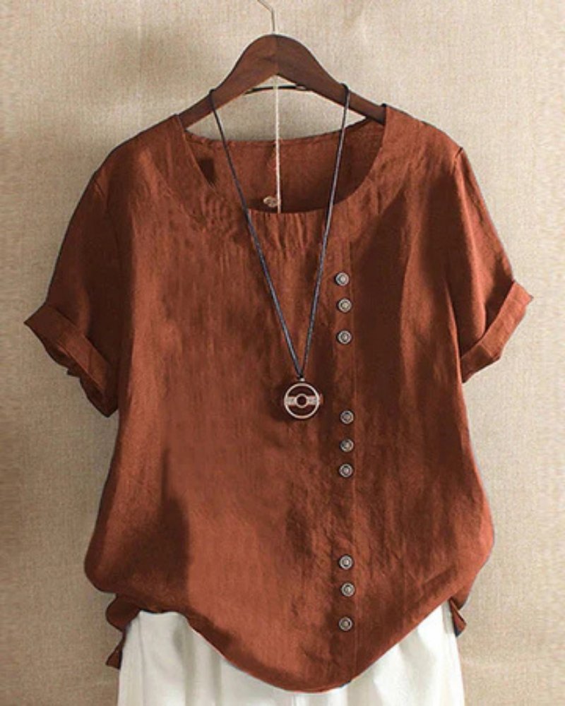Women's Relaxed-Fit Linen Button-Front Tunic Top - Rust