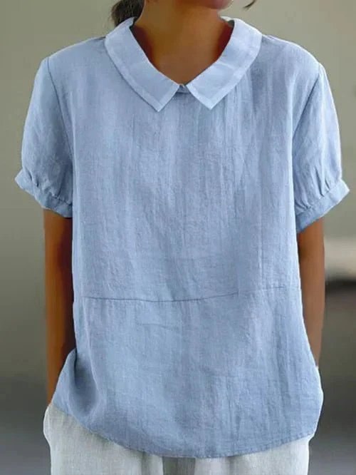 Women's Relaxed-Fit Linen Peter Pan Collar Short Sleeve Top - Light Blue