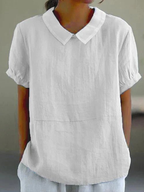 Women's Relaxed-Fit Linen Peter Pan Collar Short Sleeve Top - White