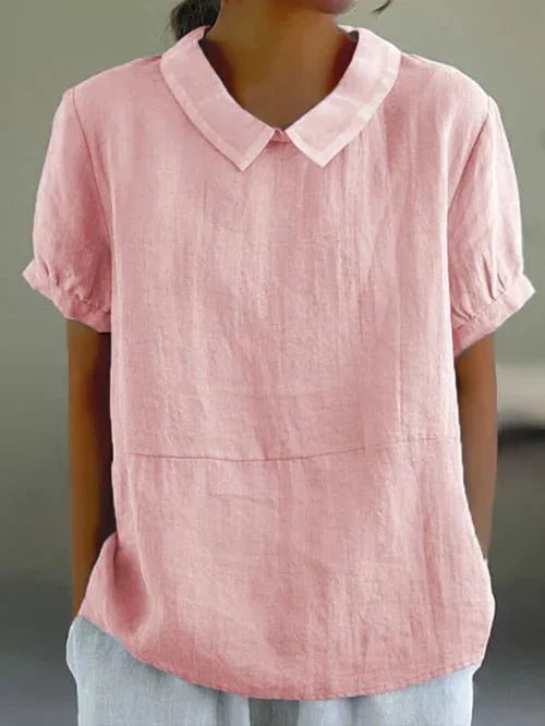 Women's Relaxed-Fit Linen Peter Pan Collar Short Sleeve Top - Pink