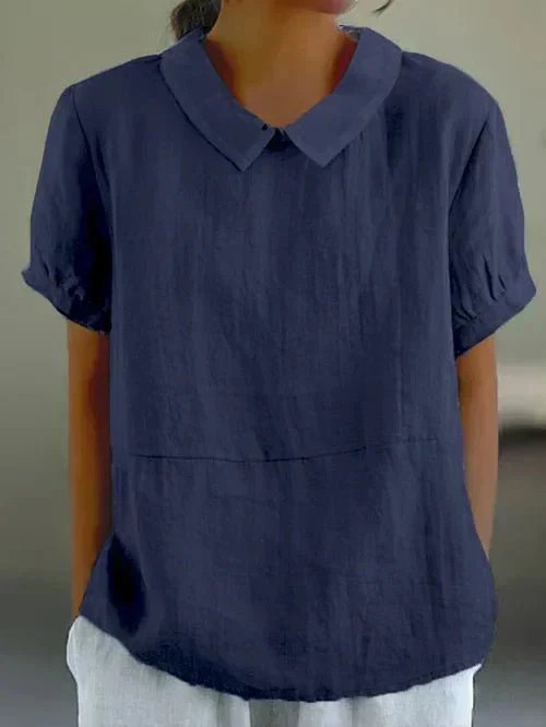 Women's Relaxed-Fit Linen Peter Pan Collar Short Sleeve Top - Navy