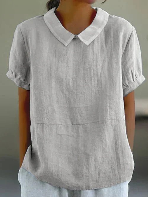Women's Relaxed-Fit Linen Peter Pan Collar Short Sleeve Top - Light Gray