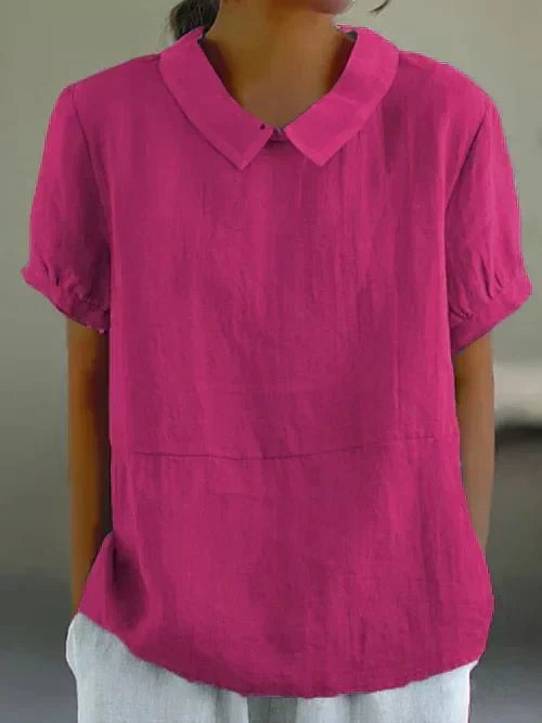 Women's Relaxed-Fit Linen Peter Pan Collar Short Sleeve Top - Muted Fuchsia