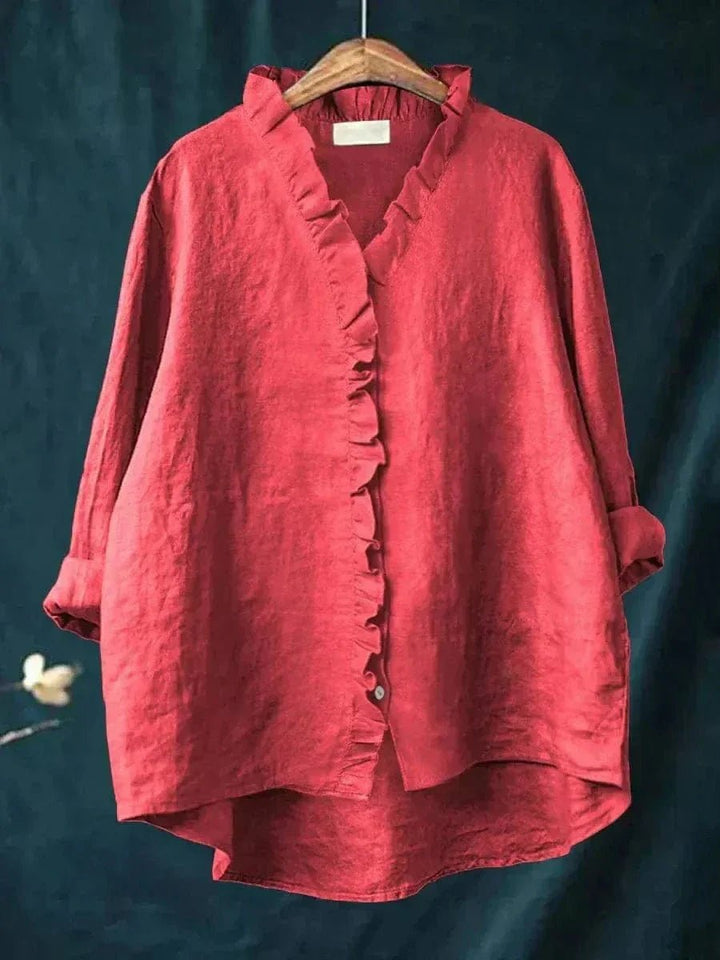 Women's Relaxed-Fit Linen Ruffle Blouse - Red