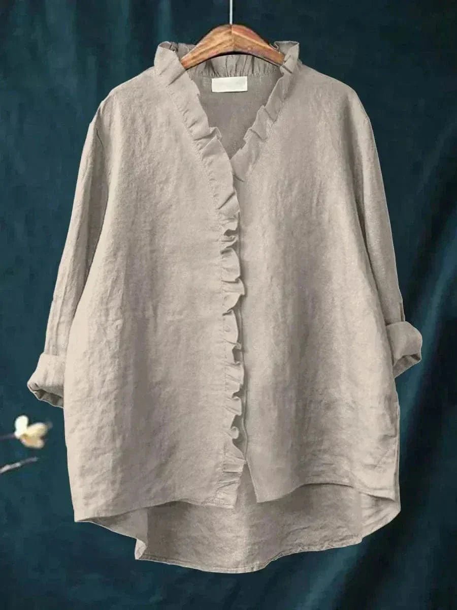 Women's Relaxed-Fit Linen Ruffle Blouse - Gray