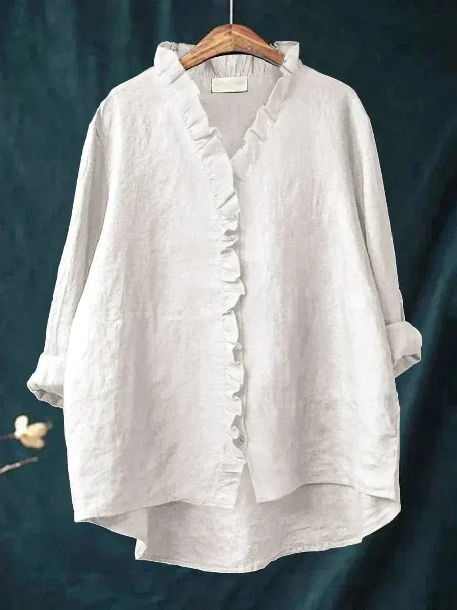 Women's Relaxed-Fit Linen Ruffle Blouse - White