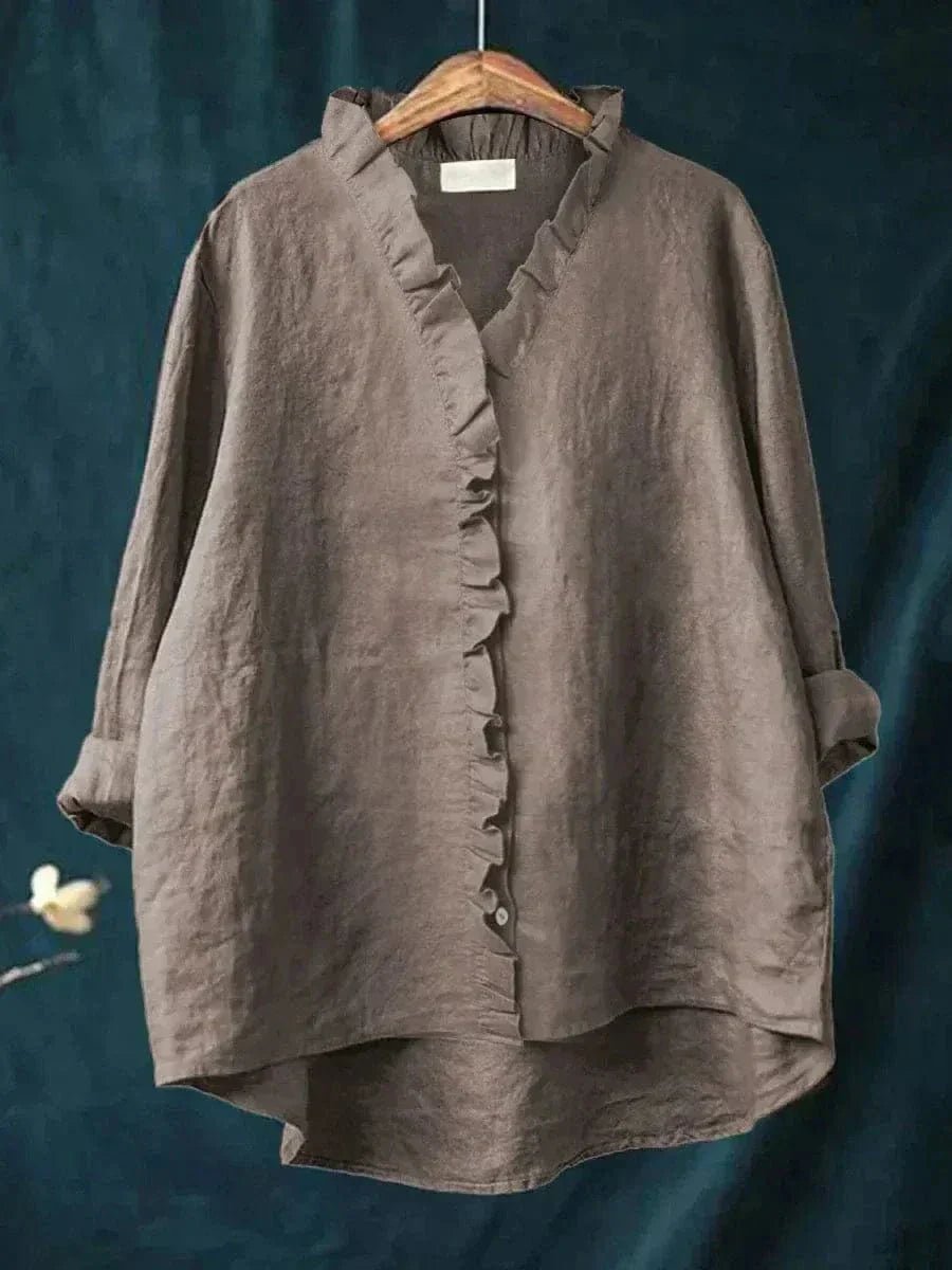 Women's Relaxed-Fit Linen Ruffle Blouse - Dark Gray