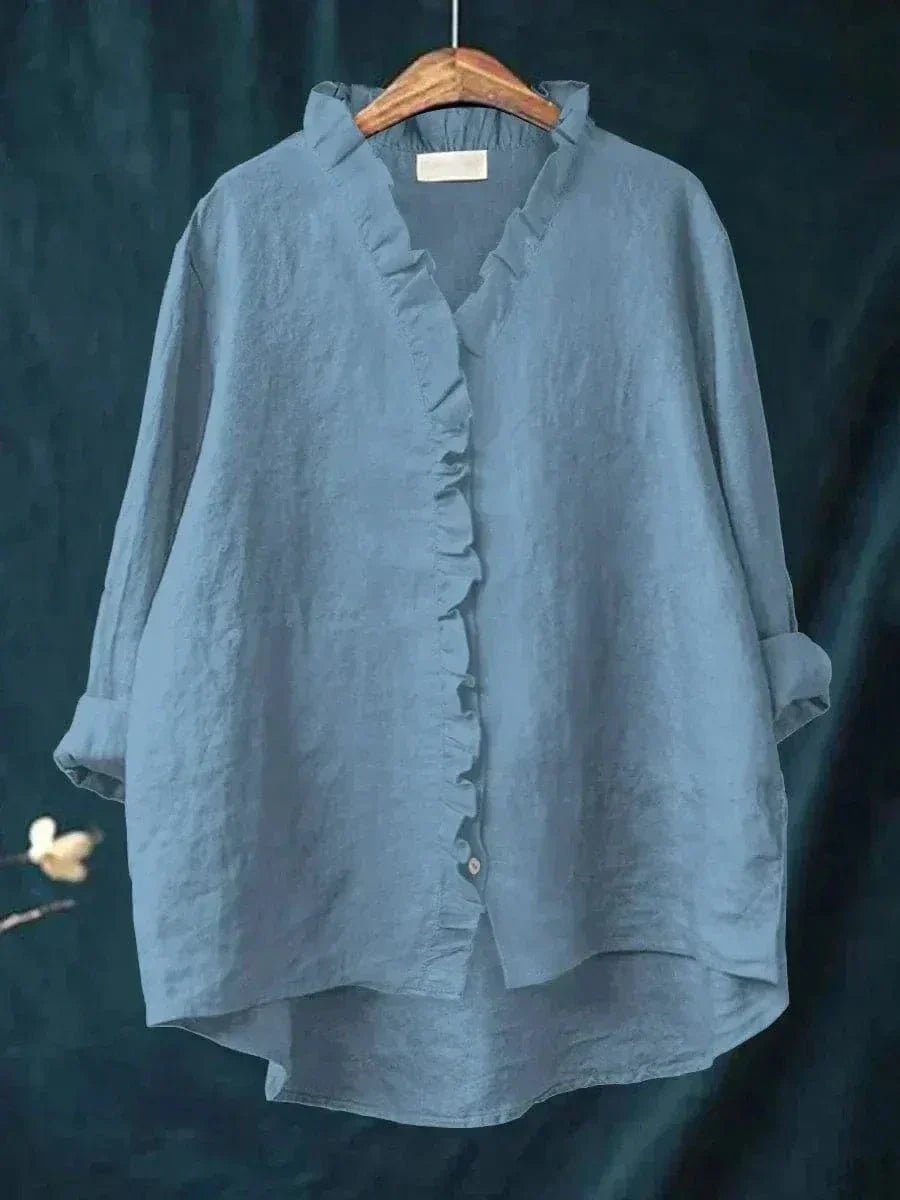 Women's Relaxed-Fit Linen Ruffle Blouse - Blue