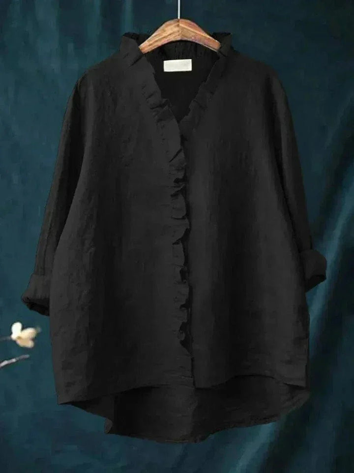 Women's Relaxed-Fit Linen Ruffle Blouse - Black