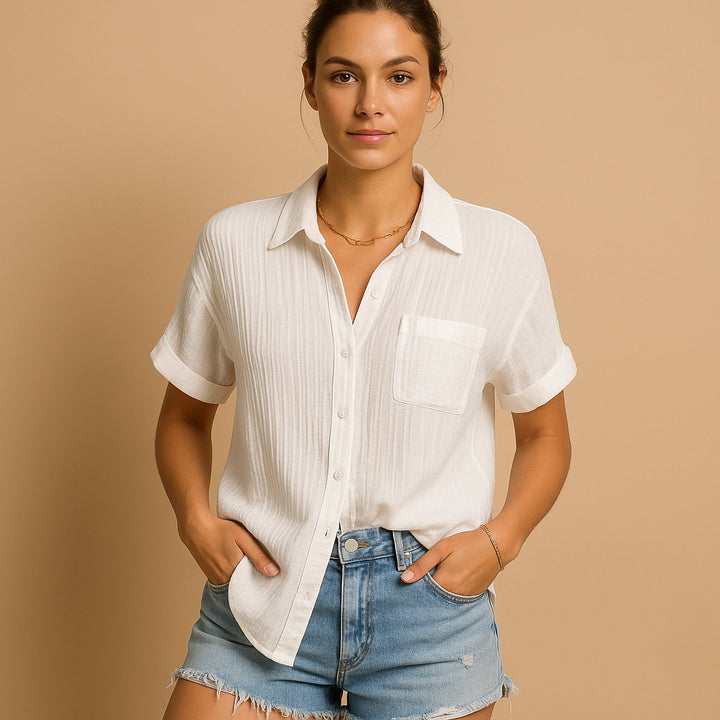 Women's Relaxed-Fit Linen-Style Short Sleeve Button-Up Shirt - White