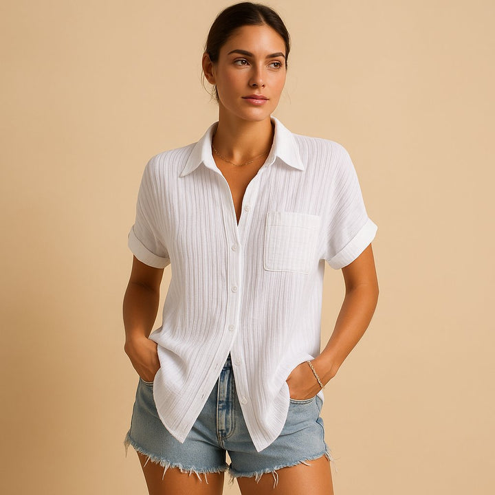 Women's Relaxed-Fit Linen-Style Short Sleeve Button-Up Shirt