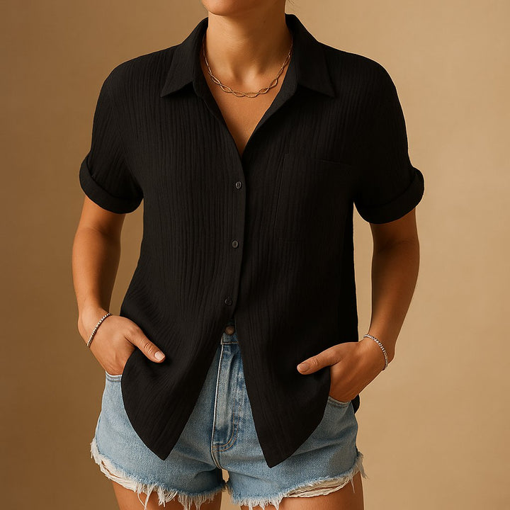 Women's Relaxed-Fit Linen-Style Short Sleeve Button-Up Shirt - Black