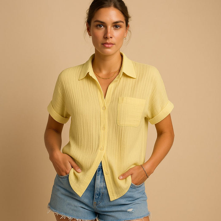 Women's Relaxed-Fit Linen-Style Short Sleeve Button-Up Shirt - Yellow