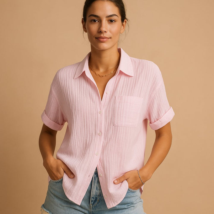 Women's Relaxed-Fit Linen-Style Short Sleeve Button-Up Shirt - Pink
