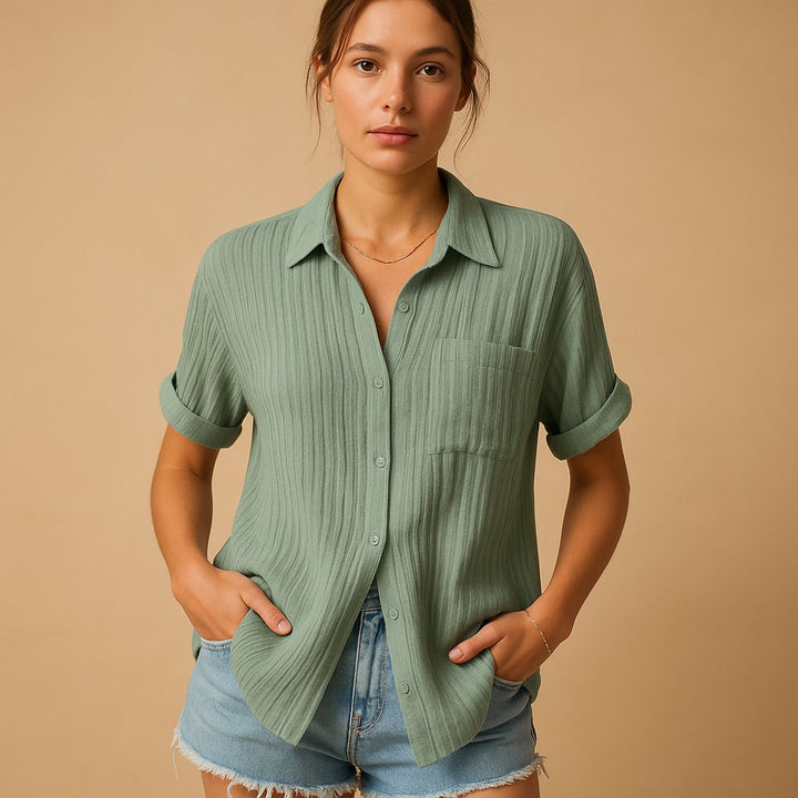 Women's Relaxed-Fit Linen-Style Short Sleeve Button-Up Shirt - Green