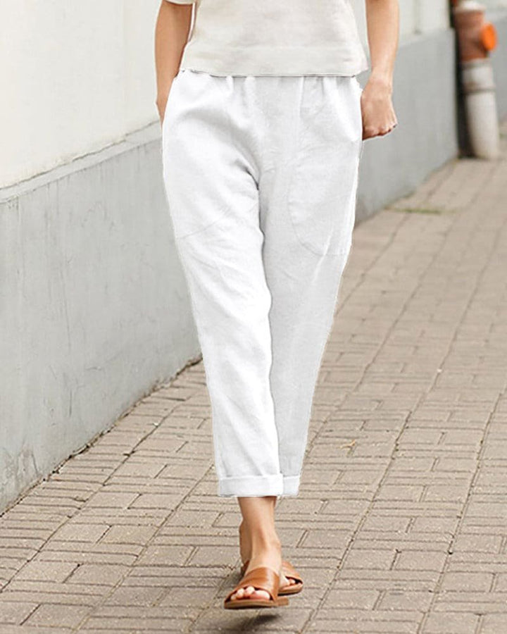 Women's Relaxed-Fit Linen Tapered Pants with Rolled Cuffs - White