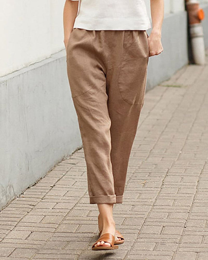 Women's Relaxed-Fit Linen Tapered Pants with Rolled Cuffs - Khaki