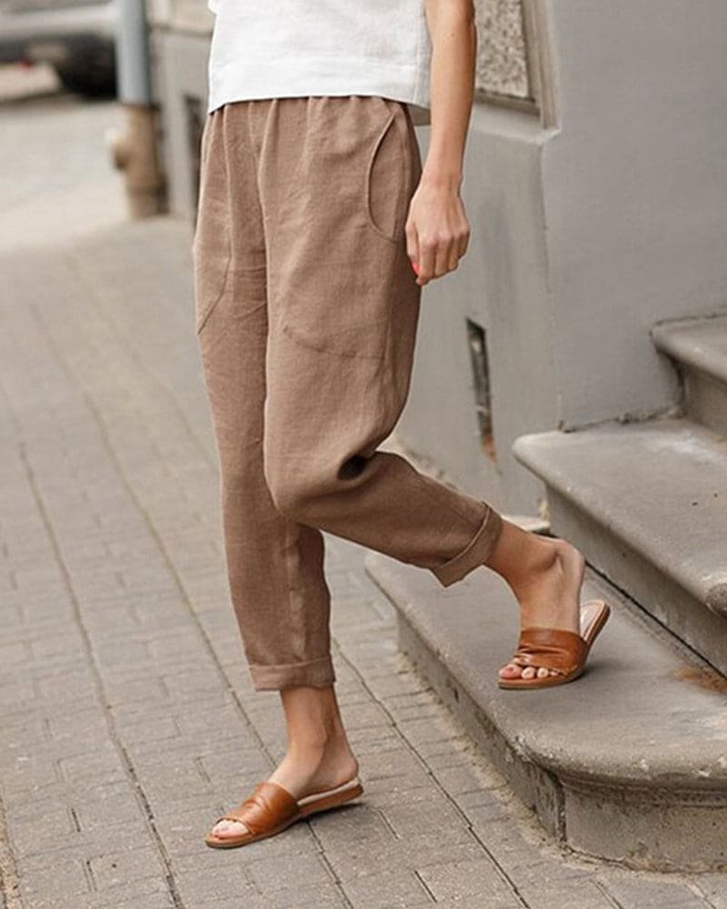 Women's Relaxed-Fit Linen Tapered Pants with Rolled Cuffs