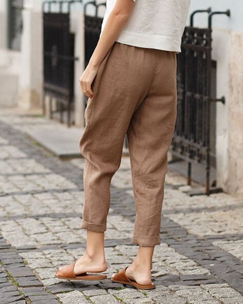 Women's Relaxed-Fit Linen Tapered Pants with Rolled Cuffs