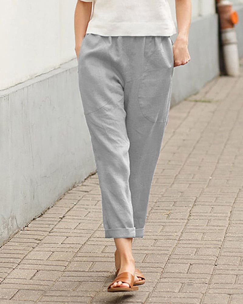 Women's Relaxed-Fit Linen Tapered Pants with Rolled Cuffs - Gray