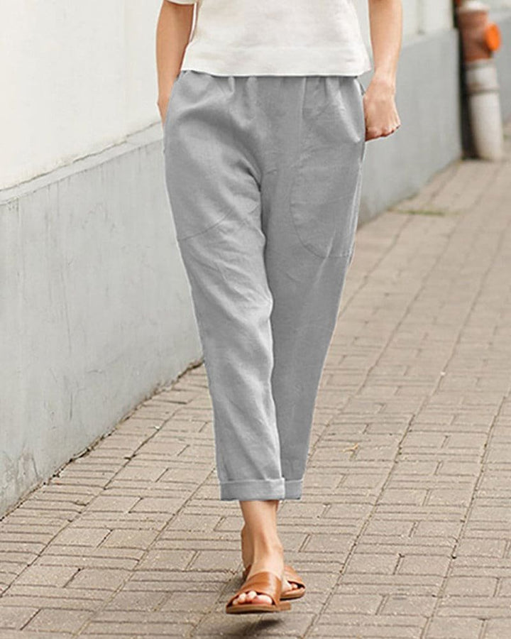 Women's Relaxed-Fit Linen Tapered Pants with Rolled Cuffs - Gray