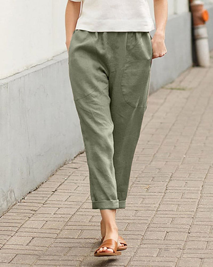 Women's Relaxed-Fit Linen Tapered Pants with Rolled Cuffs - Green