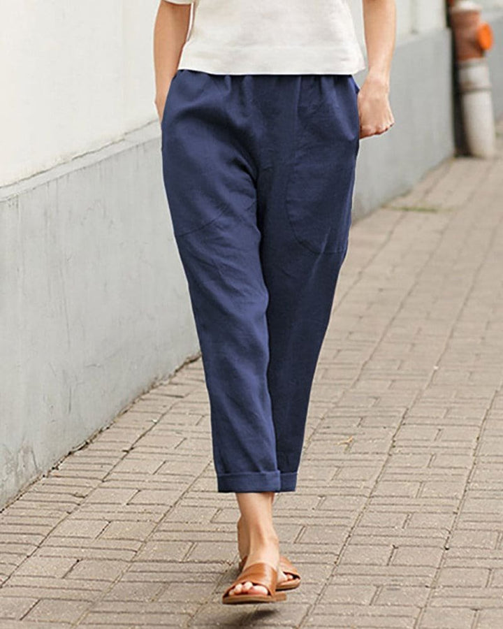 Women's Relaxed-Fit Linen Tapered Pants with Rolled Cuffs - Dark Blue