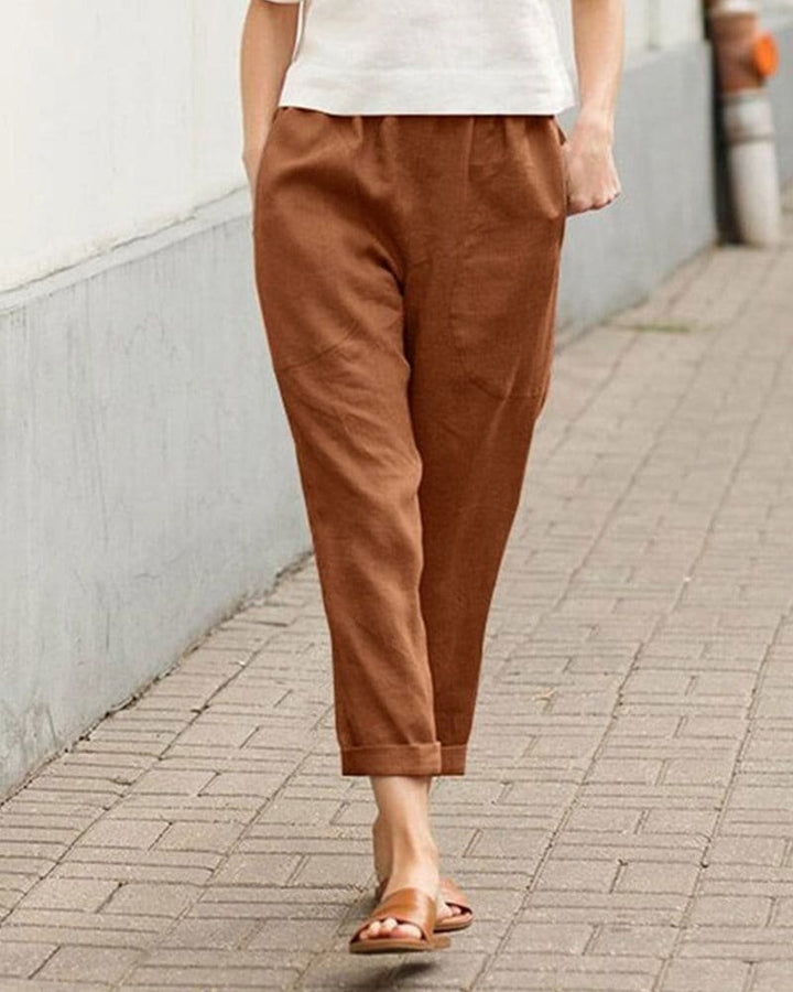 Women's Relaxed-Fit Linen Tapered Pants with Rolled Cuffs - Brown