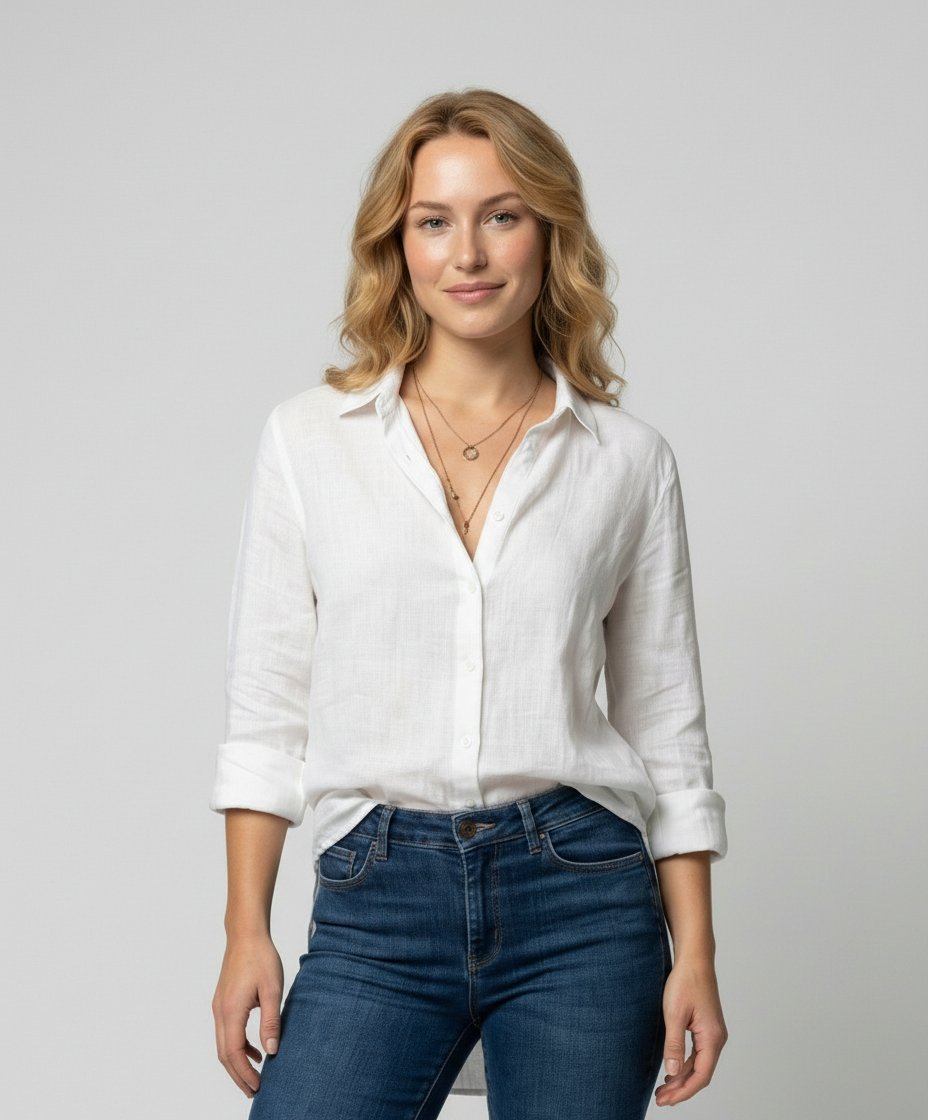 Women's Relaxed-Fit Linen Three-Quarter Sleeve Button-Up Shirt - White
