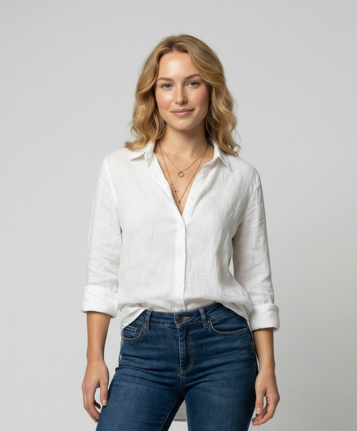 Women's Relaxed-Fit Linen Three-Quarter Sleeve Button-Up Shirt - White