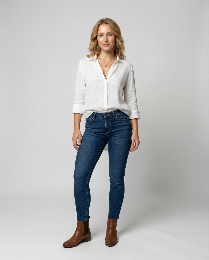 Women's Relaxed-Fit Linen Three-Quarter Sleeve Button-Up Shirt