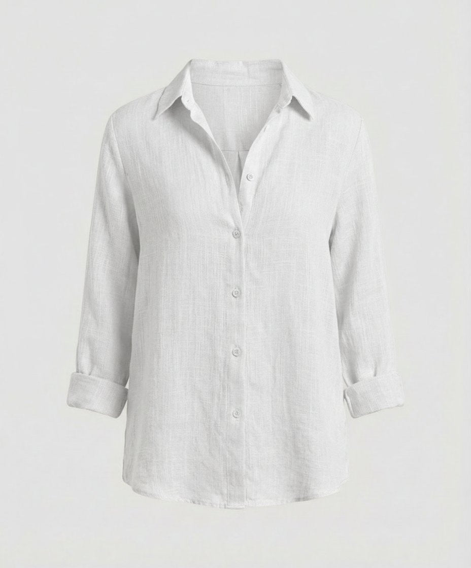 Women's Relaxed-Fit Linen Three-Quarter Sleeve Button-Up Shirt