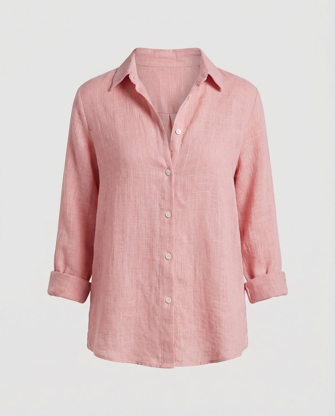 Women's Relaxed-Fit Linen Three-Quarter Sleeve Button-Up Shirt - Pink