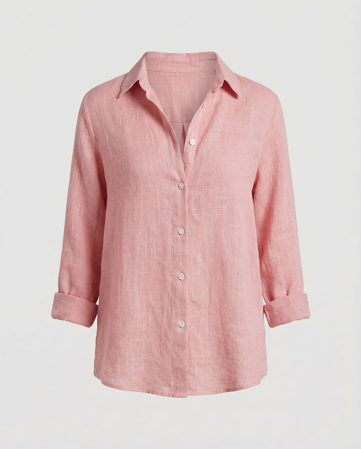 Women's Relaxed-Fit Linen Three-Quarter Sleeve Button-Up Shirt - Pink