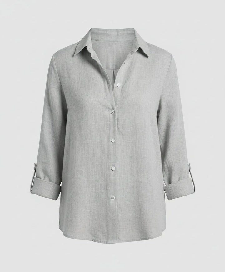Women's Relaxed-Fit Linen Three-Quarter Sleeve Button-Up Shirt - Gray