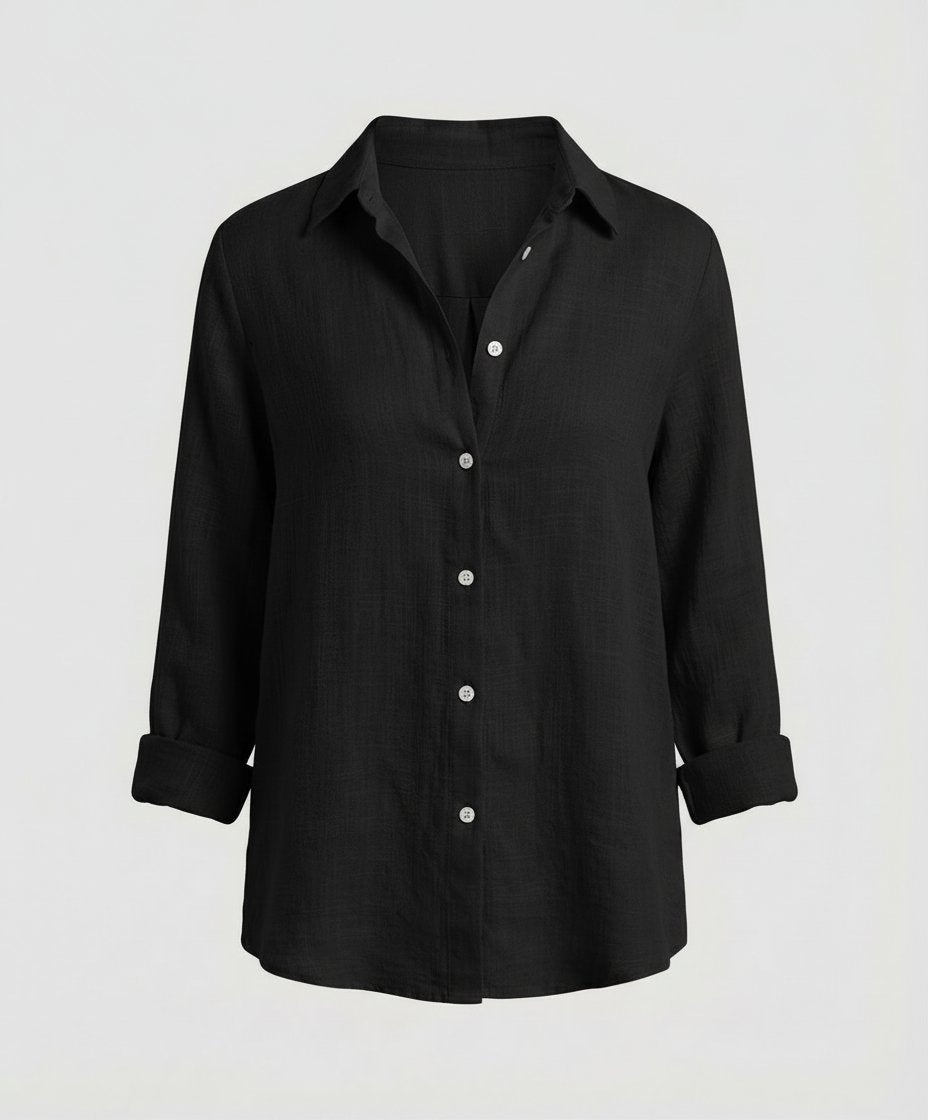 Women's Relaxed-Fit Linen Three-Quarter Sleeve Button-Up Shirt - Black