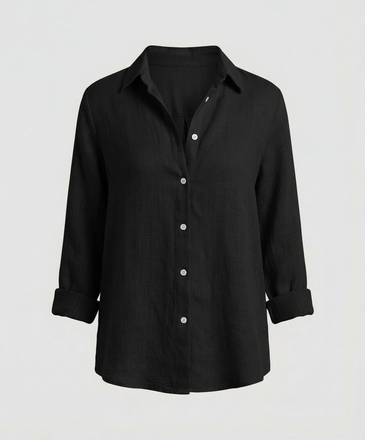 Women's Relaxed-Fit Linen Three-Quarter Sleeve Button-Up Shirt - Black