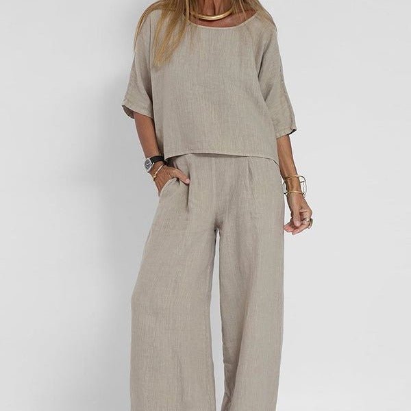 Women's Relaxed-Fit Linen Two-Piece Set - Light Gray