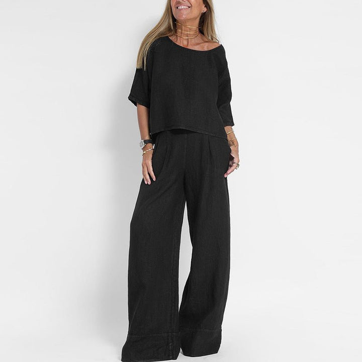 Women's Relaxed-Fit Linen Two-Piece Set - Black
