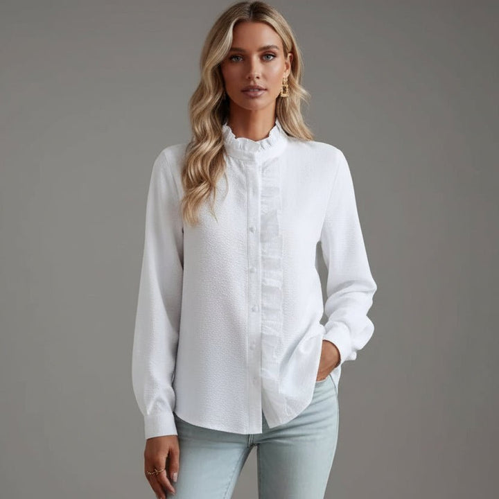Women's Relaxed-Fit Long-Sleeve Ruffle Collar Button-Front Blouse - White