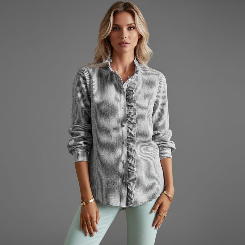 Women's Relaxed-Fit Long-Sleeve Ruffle Collar Button-Front Blouse - Gray