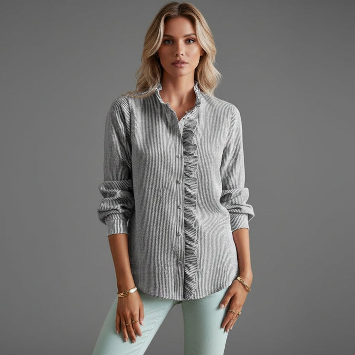 Women's Relaxed-Fit Long-Sleeve Ruffle Collar Button-Front Blouse - Gray