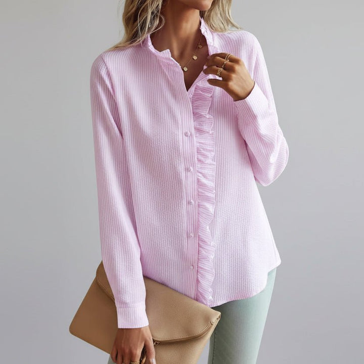 Women's Relaxed-Fit Long-Sleeve Ruffle Collar Button-Front Blouse - Pink