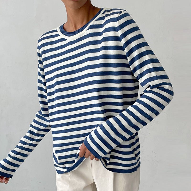 Women's Relaxed-Fit Long-Sleeve Striped Sweater - Blue