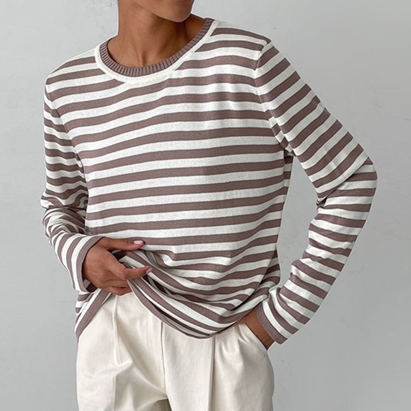 Women's Relaxed-Fit Long-Sleeve Striped Sweater - Brown