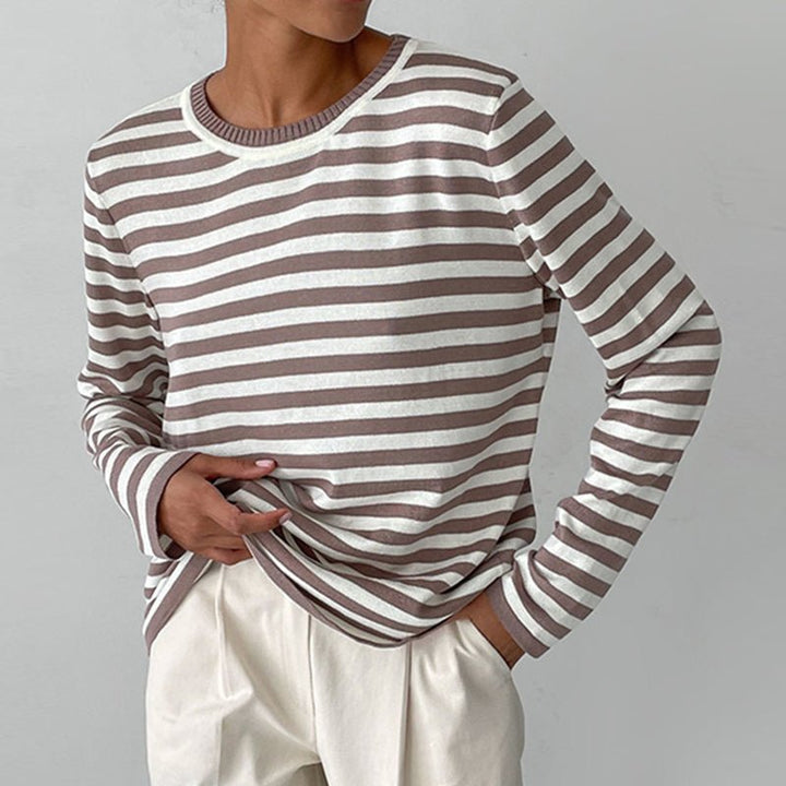 Women's Relaxed-Fit Long-Sleeve Striped Sweater - Brown
